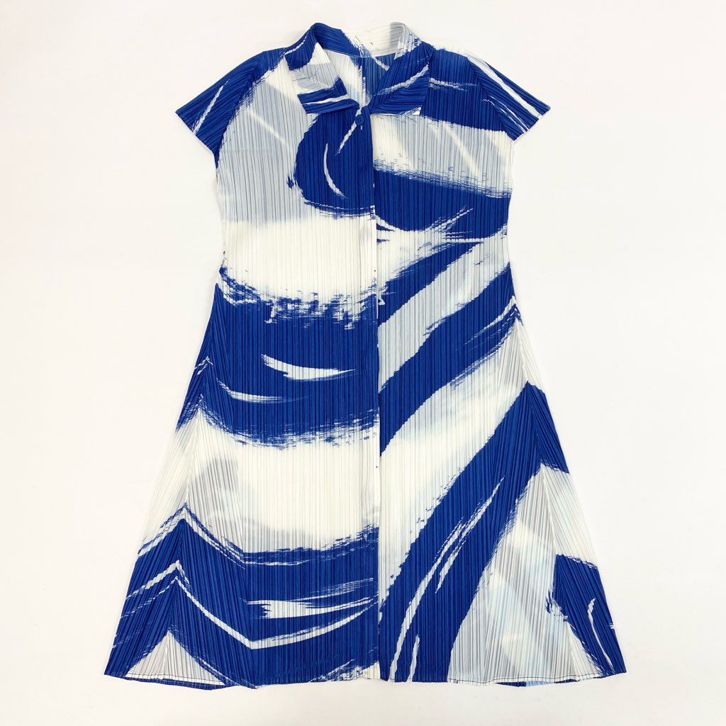 Al24【美品】PLEATS PLEASE プリーツプリーズ シャツワンピース チュニックワンピース 2022 SKY PP21-JJ712 3サイズ ホワイト ブルー ポリエステル100％ レディースk02i