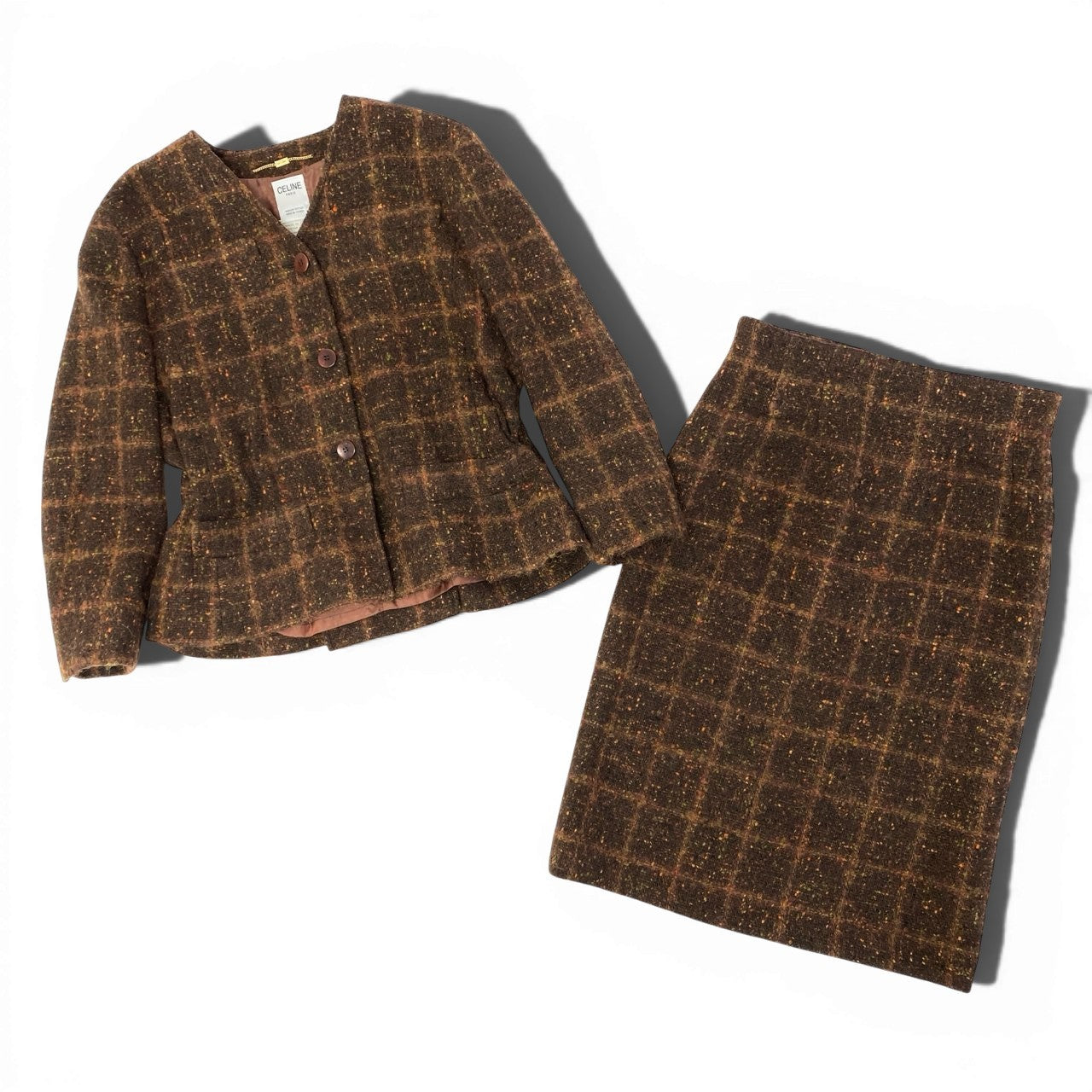 82a29 Vintage CELINE セリーヌ ツイード ジャケット スカート ゴールドチェーン 42 ブラウン ウールレーヨン フランス製u02t