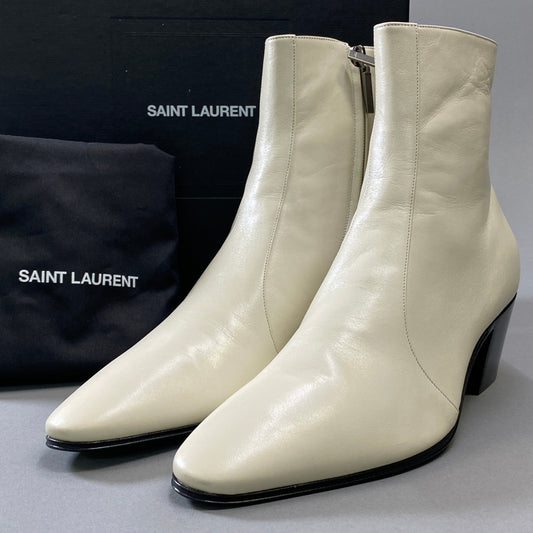 2h9《未使用品》 SAINT LAURENT PARIS サンローランパリ VASSILI ZIPPED BOOTS サイドジップ ブーツ 43 1/2 ホワイト レザー シューズ 箱付きt18r