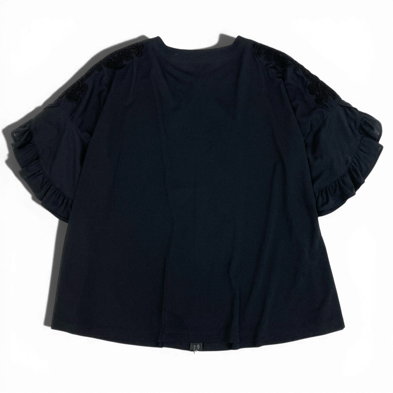 42b27 【美品】 TOKUKO 1er VOL ＊J トクコプルミエヴォル ノーカラージャケット ダブルジップジャケット フリルスリーブ レース装飾 サイズ9 レディース 女性服 サイズ9 ブラックu02t