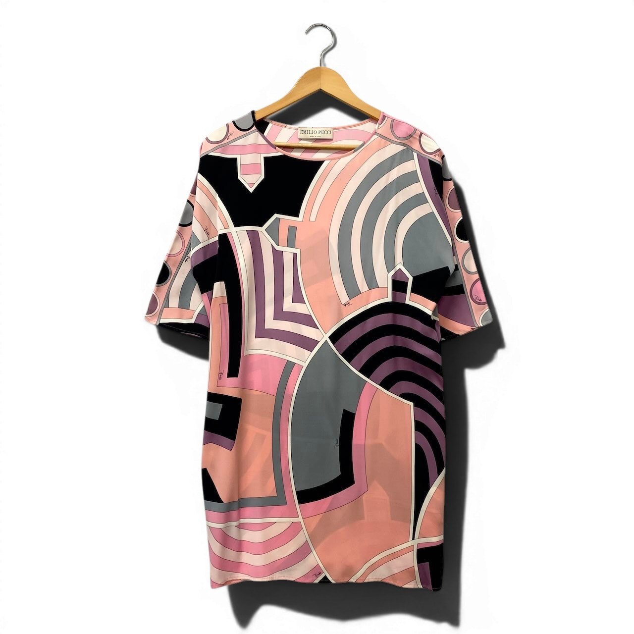 34e16 EMILIO PUCCI エミリオプッチ シルクチュニックワンピース  ブロックプリント 五分袖 イタリア製 38サイズ ピンク系 レディース 女性用u02t