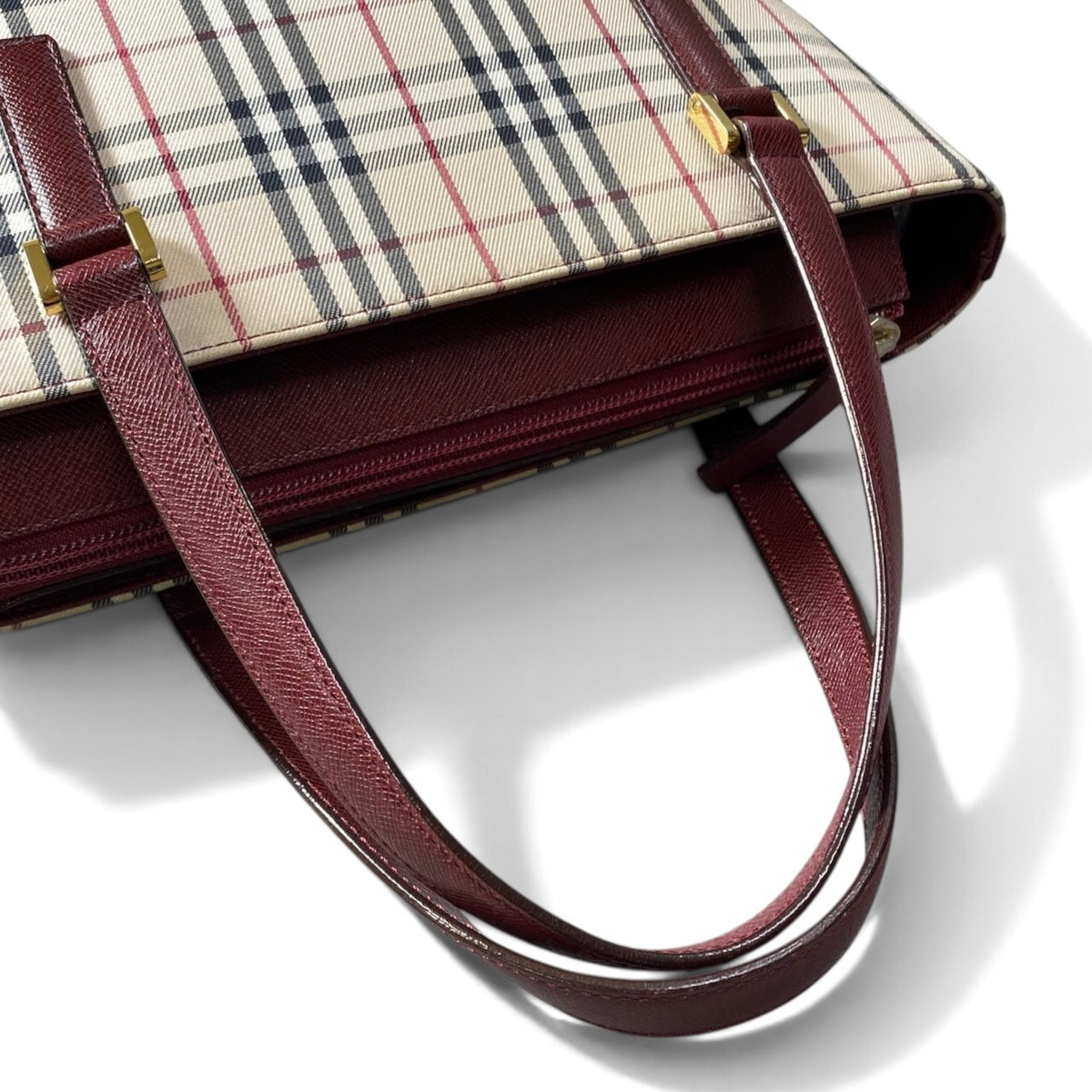 h13【美品】BURBERRY ハンドバッグ ノバチェック  ベージュ ボルドー キャンバス レザー レディース 女性用k02i