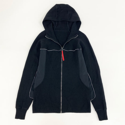 67d21 PRADA SPORT プラダスポーツ ナイロン切替 ジップアップ ニットジャケット フーディ パーカー イタリア製 46 ブラック ウール