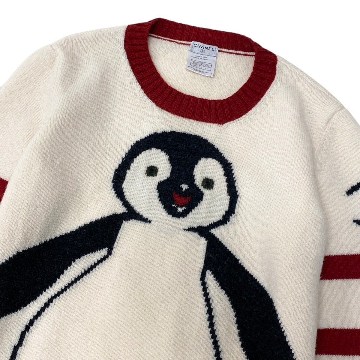 Ci13 CHANEL シャネル ニットセーター 2007年 ペンギン柄 クルーネックニット ウールニット 42 アイボリー レッド ウール100％ レディース 女性用k02i