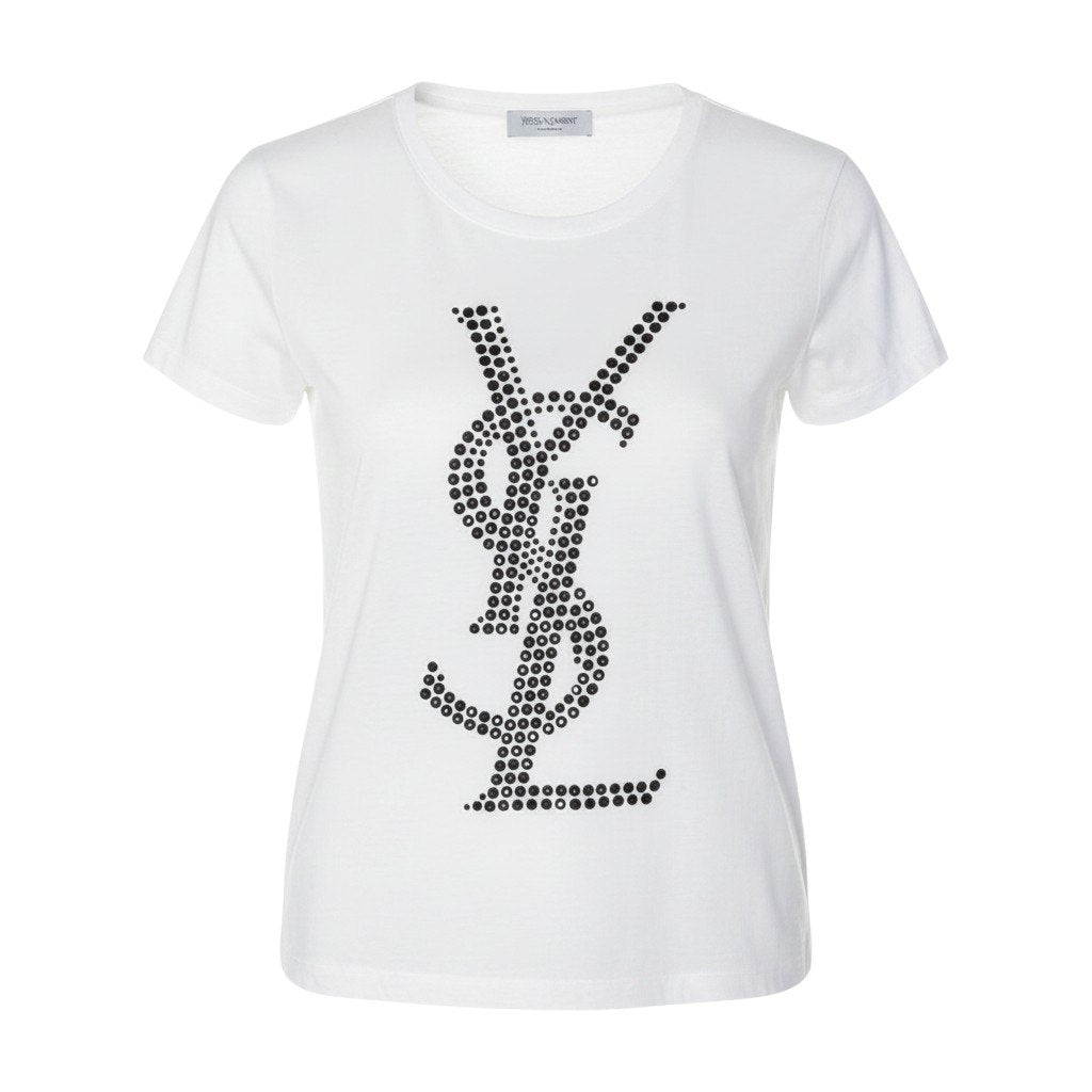 If9 【新品保管品】Yves Saint Laurent  半袖Tシャツ ラインストーンロゴ トップス 118030 X3081 Mサイズ ホワイト ブラック コットン100％ レディース 女性用u02t