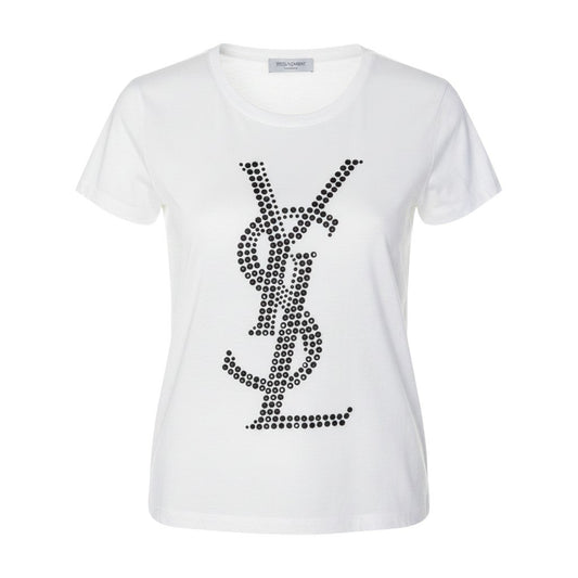 If9 【新品保管品】Yves Saint Laurent  半袖Tシャツ ラインストーンロゴ トップス 118030 X3081 Mサイズ ホワイト ブラック コットン100％ レディース 女性用u02t