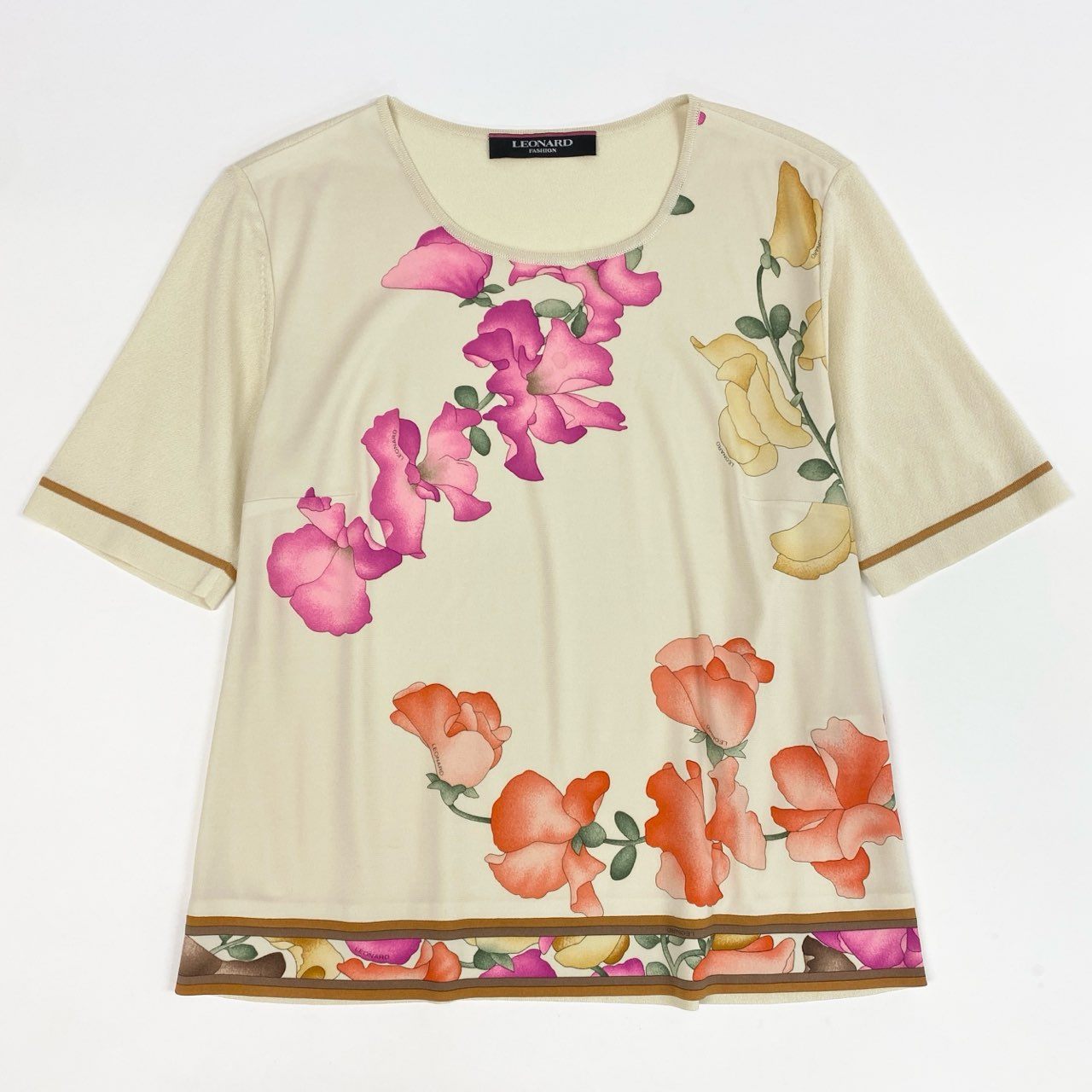 4k7 LEONARD FASHION レオナール ニットセーター 半袖ニット 美しい花柄プリント 切替ニット カンカン素材 レディース 女性用 L アイボリーo07t