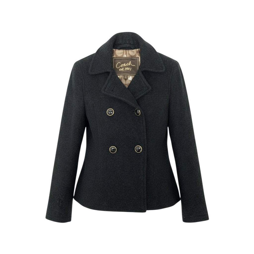 10k11 COACH コーチ ダブルブレスト ジャケット ショート丈 Pコート ウールブレンド 裏地ブランドロゴ ハート柄 レディース 女性用  XS ブラックu02t