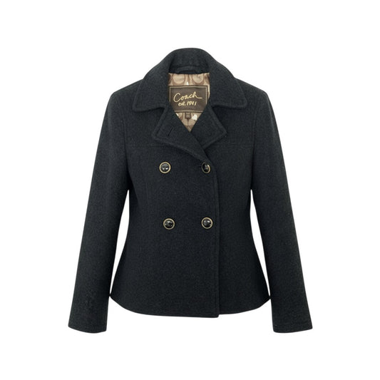 10k11 COACH コーチ ダブルブレスト ジャケット ショート丈 Pコート ウールブレンド 裏地ブランドロゴ ハート柄 レディース 女性用  XS ブラックu02t