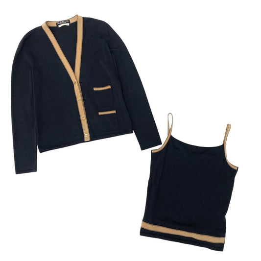 68b7 Salvatore Ferragamo サルヴァトーレフェラガモ アンサンブル コットンニット カーディガン キャミXS/カーディガンS ブラック レディース トップス ヴィンテージk02i