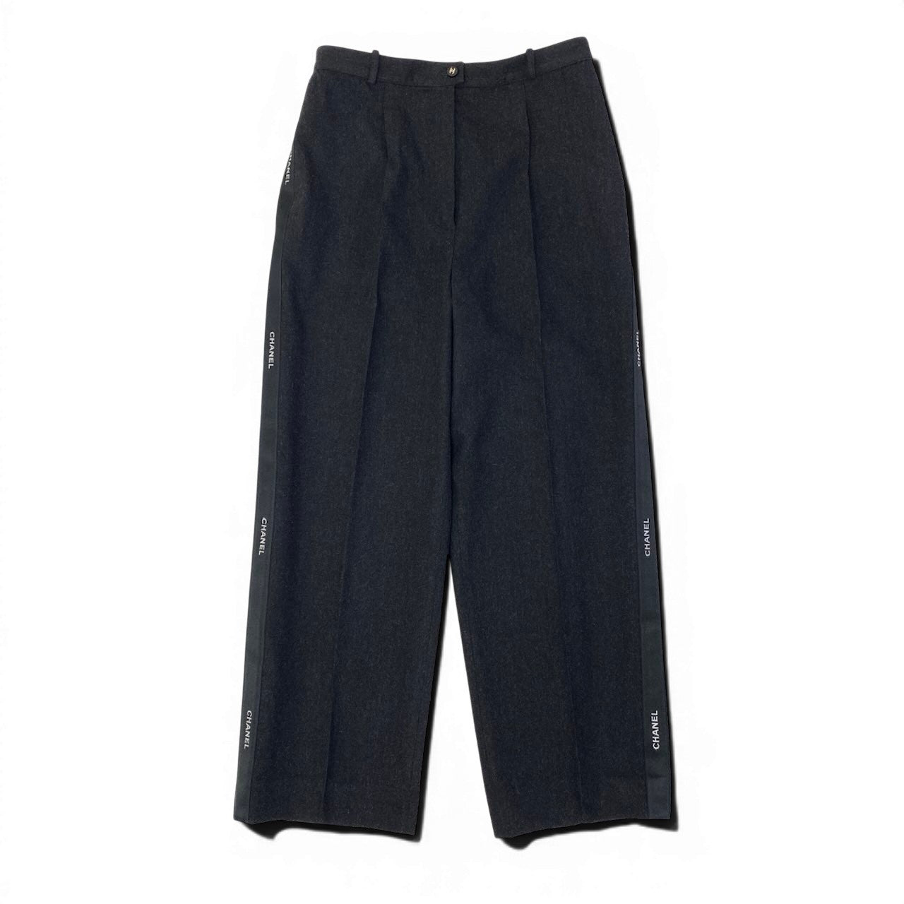 Cf9 【美品】CHANEL シャネル 1996年 サイドラインロゴ ワイドスラックス ウールパンツ ボトムス P05760 40サイズ ダークグレー ウール100％ レディース 女性用ta1ta1