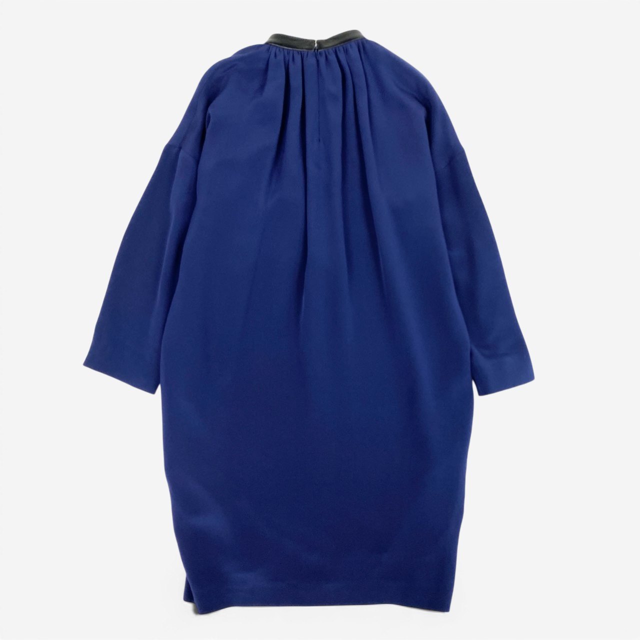 Eb10 CELINE セリーヌ フィービー期 レザーネック シルクワンピース ロングワンピース 長袖 36 ブルー シルク レディースk02i