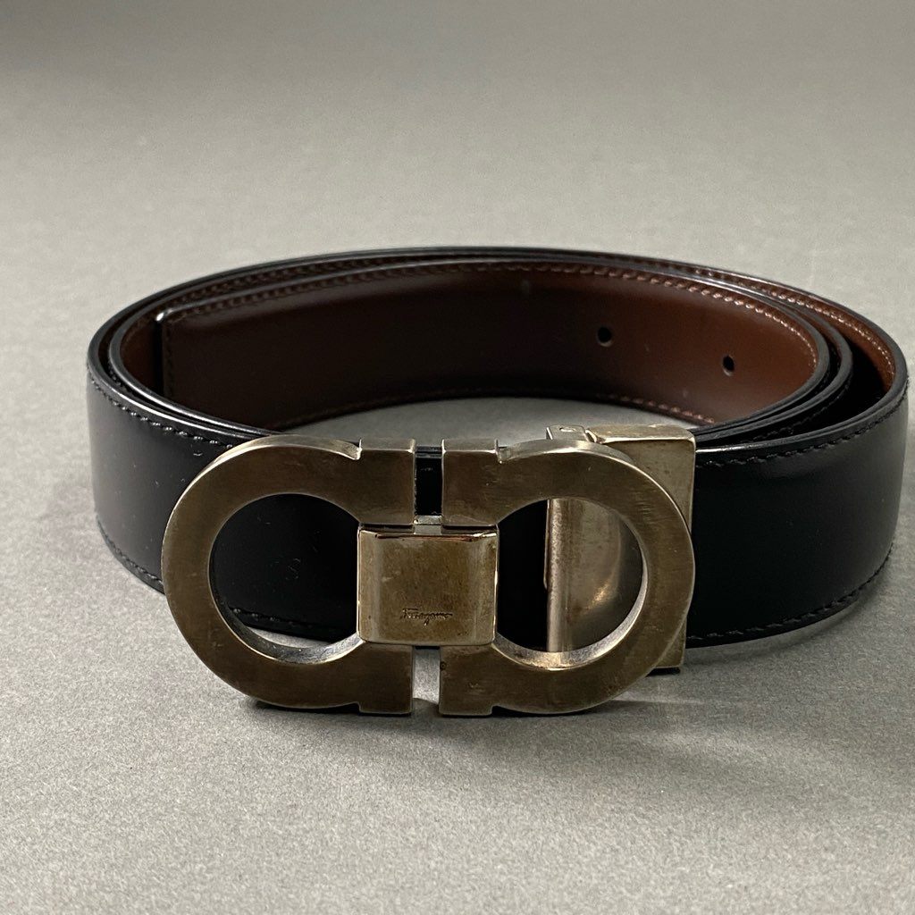 5f23 Salvatore Ferragamo サルヴァトーレ フェラガモ ガンチーニ リバーシブル レザーベルト ブラック ブラウン Leather Belt イタリア製