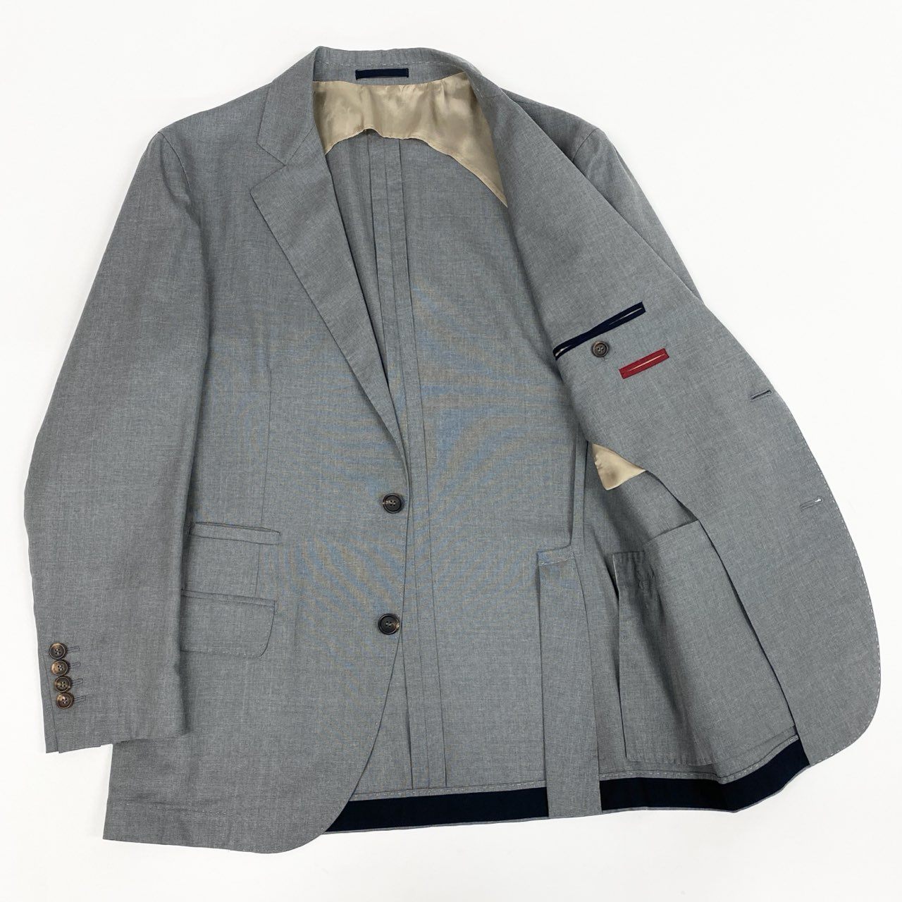 36b9《美品》 BRUNELLO CUCINELLI ブルネロクチネリ 3Bアンコンジャケット テーラードジャケット 48 グレー ウールシルク メンズk02i