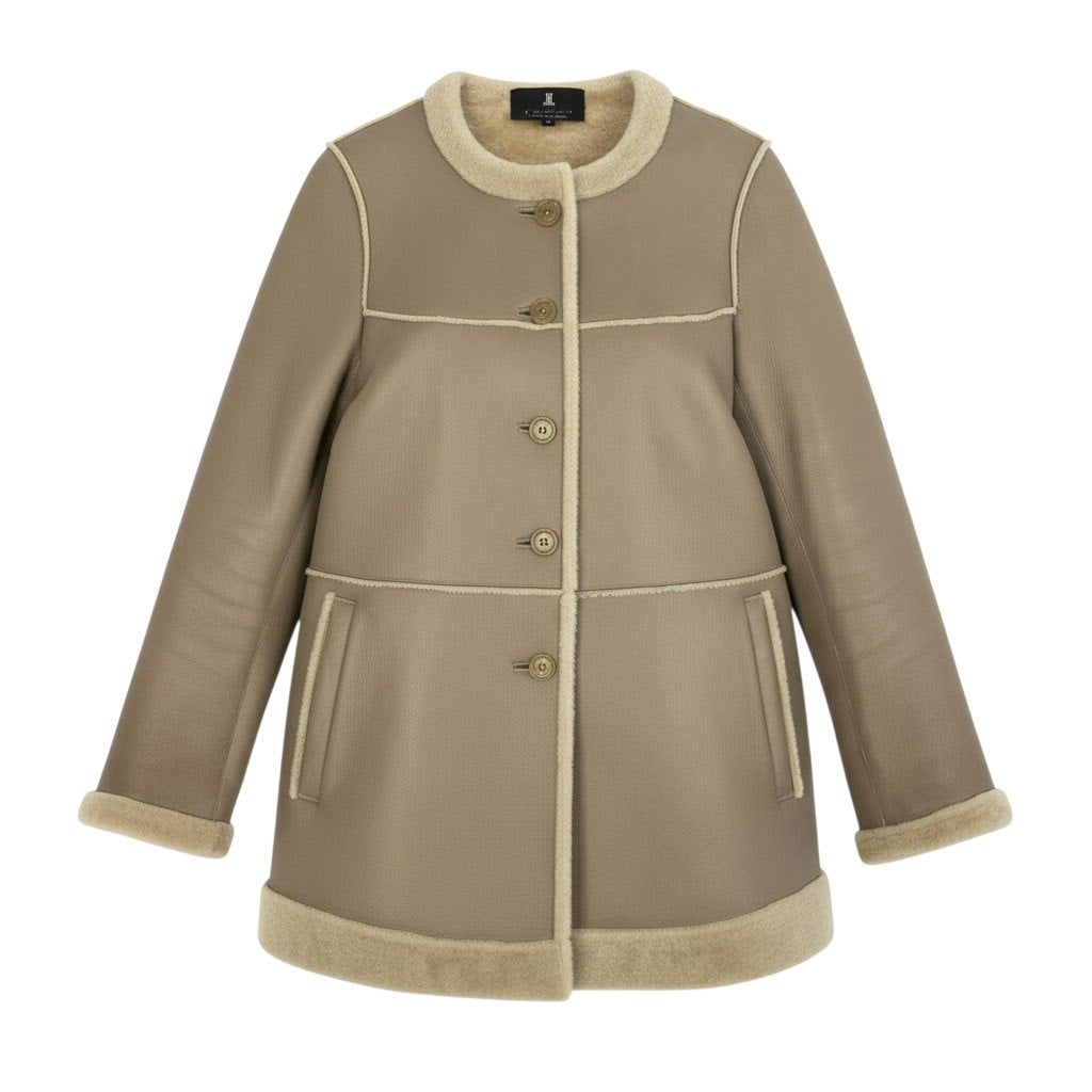 11b20 LANVIN COLLECTION ランバン コレクション ムートンコート レザーコート スペイン製ラム 38 グレージュ 羊革 レディースu02t