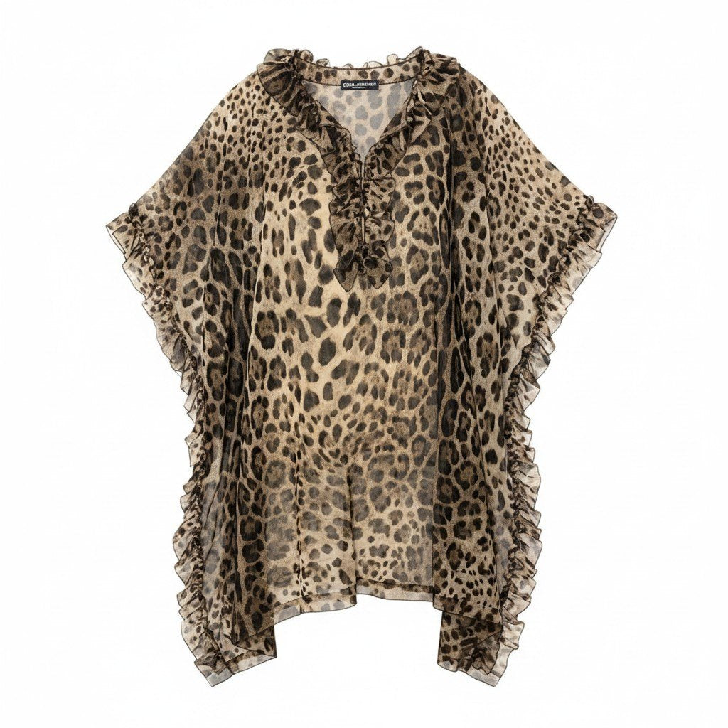 Ef25 DOLCE&GABBANA チュニックブラウス ポンチョ フリル ヒョウ柄 イタリア製 ベージュ ブラウン レディース 女性用u02t