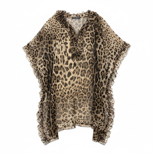 Ef25 DOLCE&GABBANA チュニックブラウス ポンチョ フリル ヒョウ柄 イタリア製 ベージュ ブラウン レディース 女性用u02t