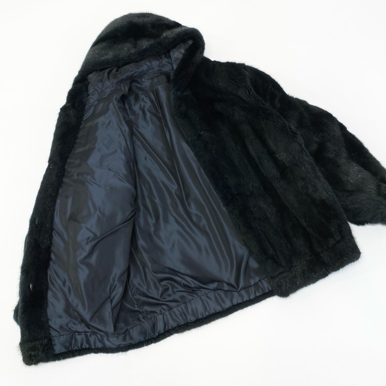 7a27 フード付き 染めミンク ファーコート サイズF ブラック ネイビー 本毛皮 Mink Fur Coat 希少デザインt18r