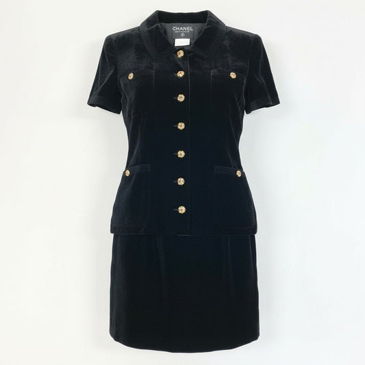 56a14【Archive】CHANEL シャネル 1996AW collection P08355 グリポア ベルベットシャツ スカート セットアップ サイズトップス40/スカート42 ブラック レディースta1