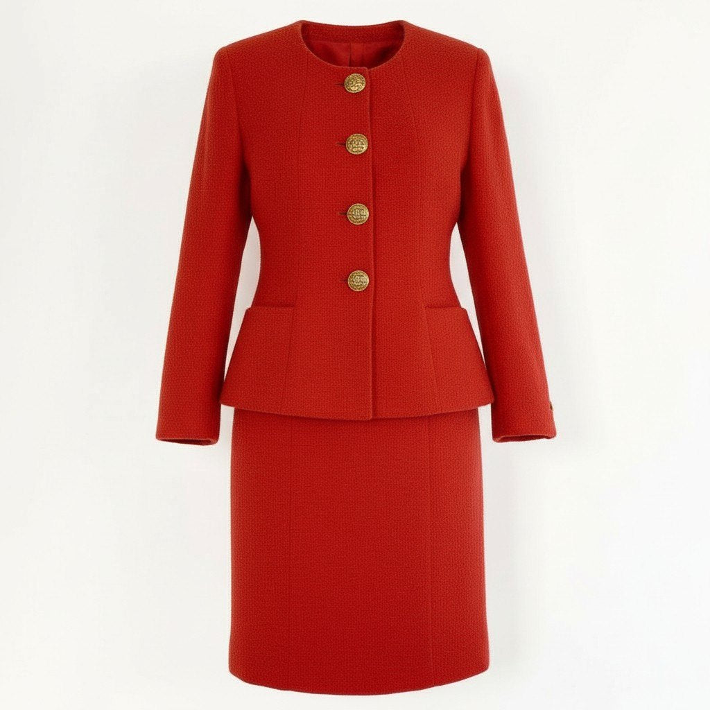 Ca15 【archive】CHANEL ヴィンテージ シャネル 1994年 ランウェイ ツイードジャケット スカート セットアップ ゴールドボタン サイズ36 レッド レディースta1