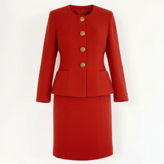 Ca15 【archive】CHANEL ヴィンテージ シャネル 1994年 ランウェイ ツイードジャケット スカート セットアップ ゴールドボタン サイズ36 レッド レディースta1