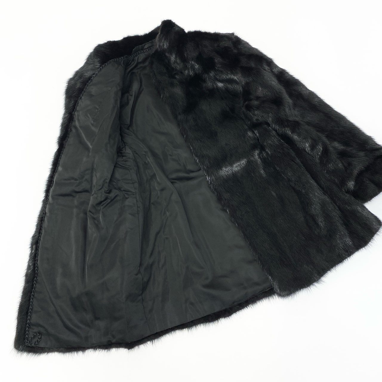 11a27 ダークミンク ファーコート サイズF ブラック 本毛皮 Dark Mink Fur Coat リアルファー ベルト付 毛並み〇t18r