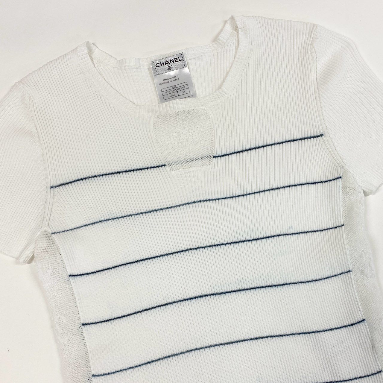 Cb19-1 CHANEL シャネル 2004年 P23260 ココマークデザイン サイドメッシュ 半袖ニット カットソー サイズ38 ホワイト レディース トップスta1