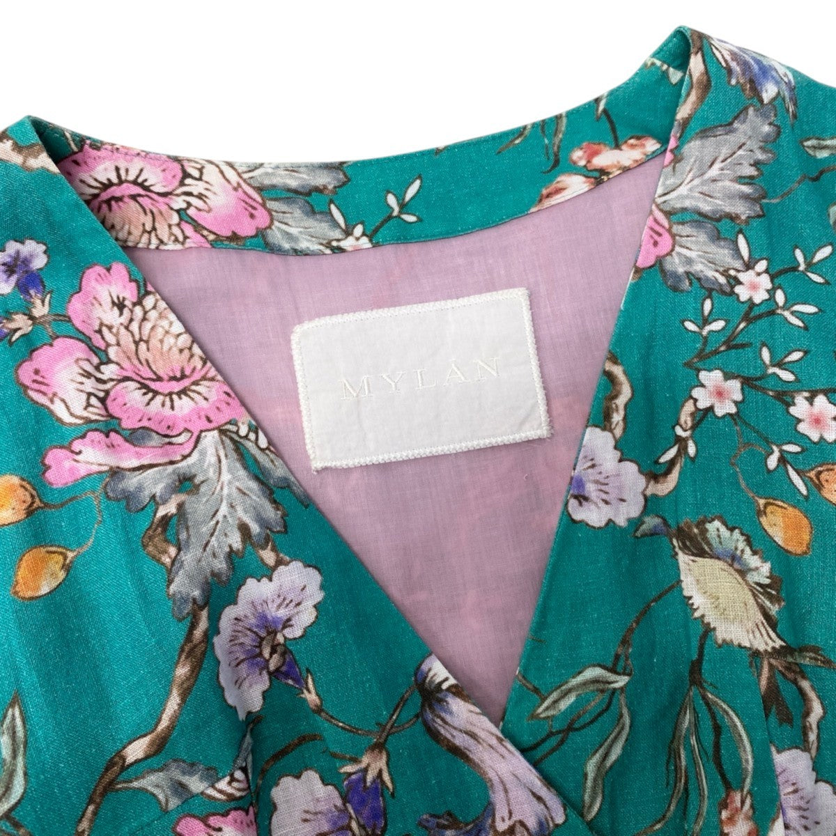 33h19 MYLAN マイラン リネンワンピース オリエンタルガーデンリリー ベルト付 ロングワンピース 花柄 MY18SS-OP014 S グリーン系 レディース 女性用o07t