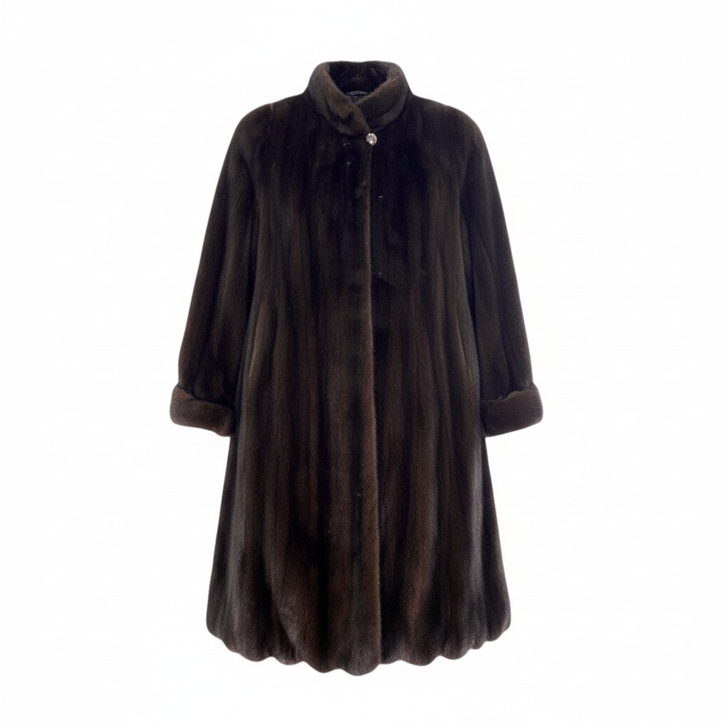 54L4 AMERICAN FUR AWARDS アメリカンフォーアワード 4つ星 マホガニーミンク 裾フリル 超ロングコート 丈110cm サイズM ブラウン 最高級本毛皮 MINK FURt18r