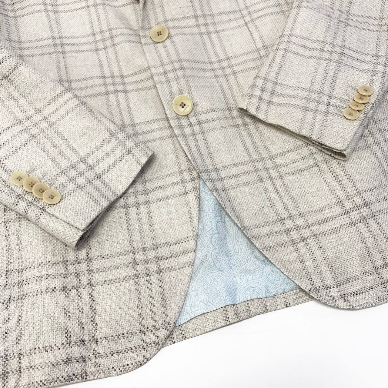 48c18 ETRO エトロ テーラードジャケット チェック柄 裏地ペイズリー柄 イタリア製 コットンリネン混 メンズ 男性用 52 ベージュ系u02t