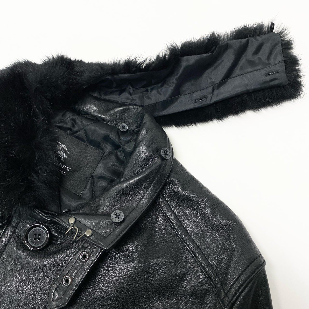 79a14 BURBERRY BLACK LABEL バーバリーブラックレーベル レザーコート ベルテッドコート 中綿キルティング ラビットファー襟 LL ブラック メンズu02t
