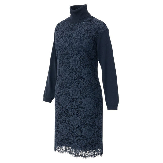 4a9 VALENTINO ヴァレンティノ レースニットワンピース ハイネック ロングスリーブ イタリア製 FBC9A525-VM1394B Lサイズ ネイビー レディースu02t