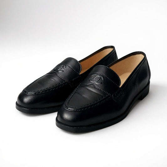 b2 【美品】CHANEL シャネル 1996年AW ココマーク レザーローファー サイズ37 1/2 ブラック レディース 靴ta1