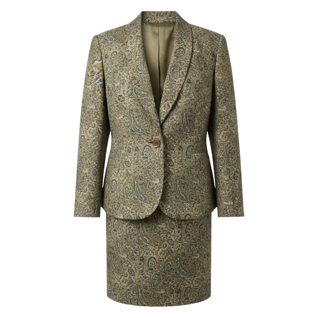 57j22 GIORGIO ARMANI ジョルジオアルマーニ ジャガード ノーカラージャケット スカート セットアップ イタリア製 40 カーキ系 ウール レディースo07t