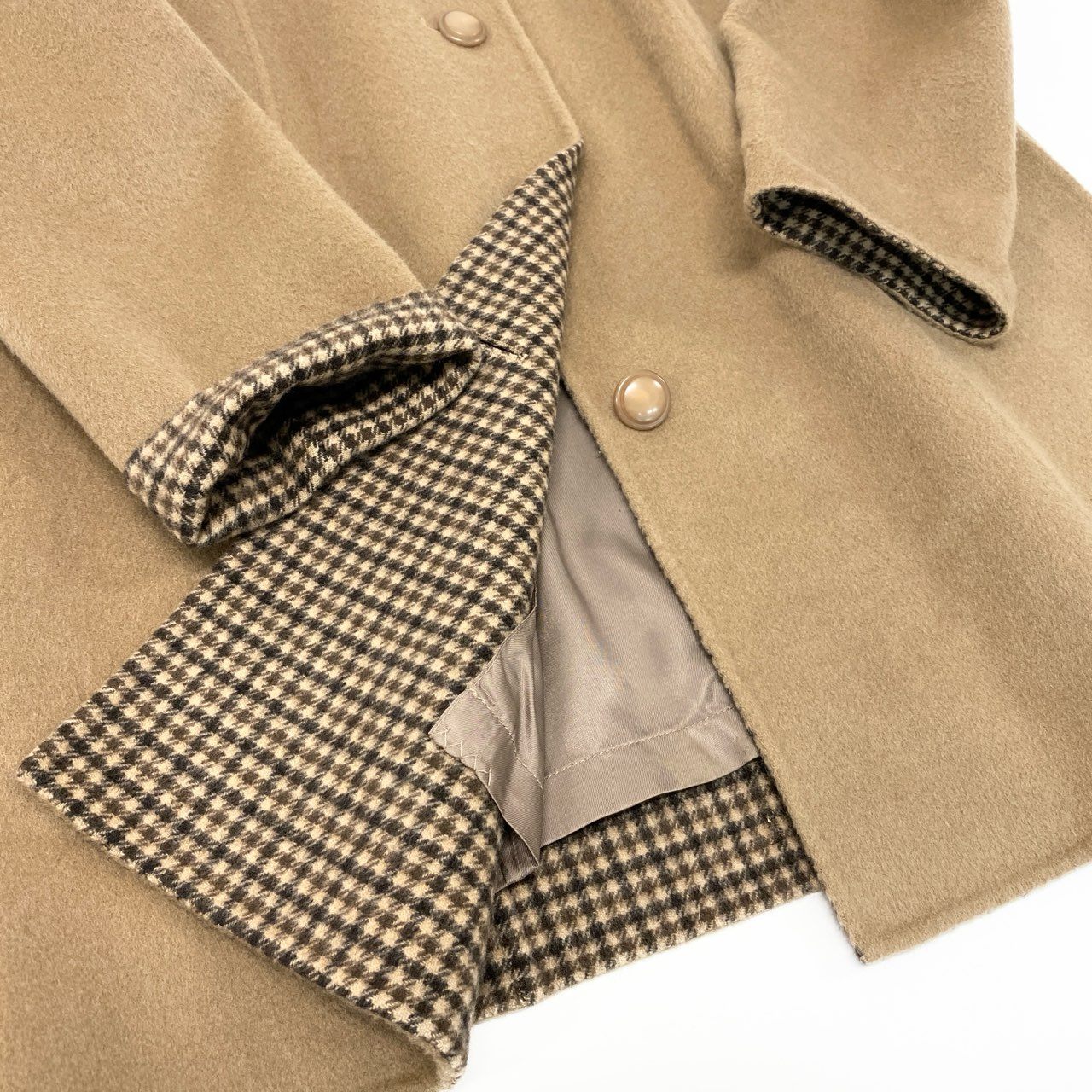 79k21 近年 Leilian レリアン ステンカラーコート カシミヤコート 切替チェック柄 レディース 女性用 9 ベージュ カシミア100％u02t