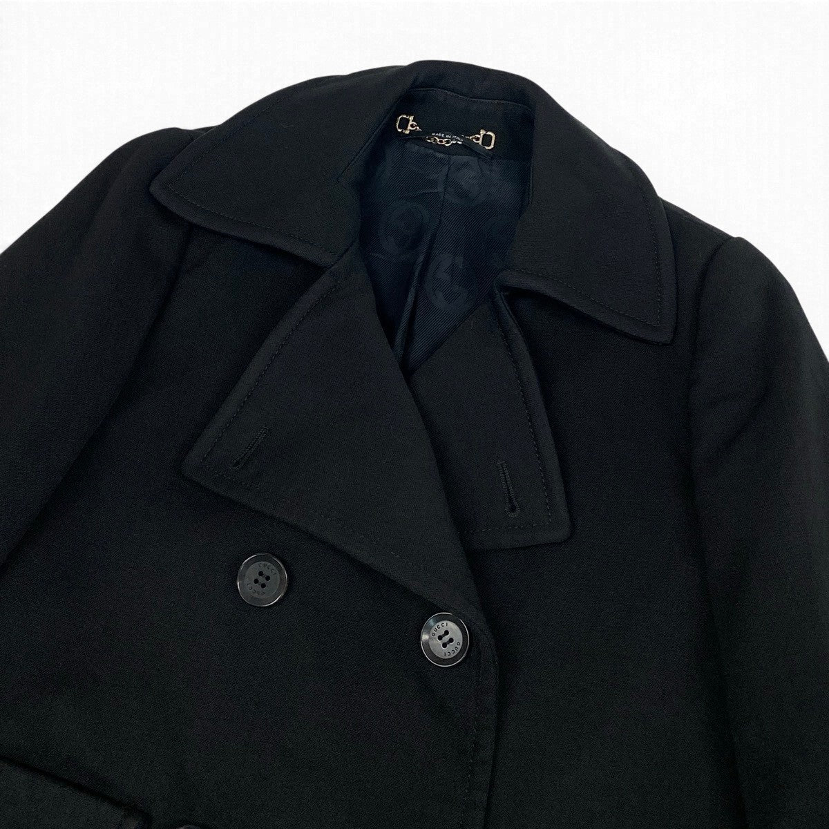 i27 GUCCI ダブルブレストピーコート ノッチドラペル アウター イタリア製 40サイズ ブラック レディース 女性用u02t