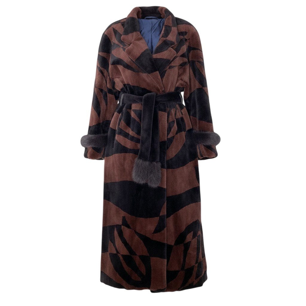 93h8 シェアードミンク 幾何学模様 ロングコート サイズF ブラウン ブラック 本毛皮 Mink Fur Coat ベルト付t18r