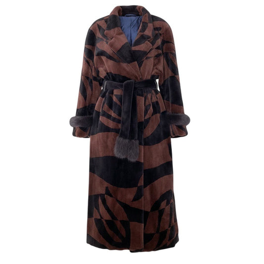 93h8 シェアードミンク 幾何学模様 ロングコート サイズF ブラウン ブラック 本毛皮 Mink Fur Coat ベルト付t18r