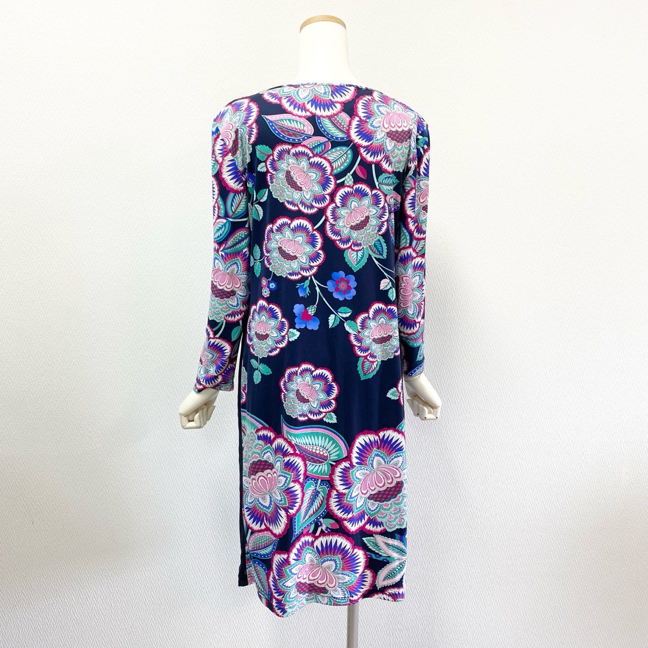 3K18 LEONARD PARIS レオナール インポートライン ロングワンピース 長袖 美しい花柄プリント ストレッチ レディース 女性用 40 ネイビー ナイロン100％u02t