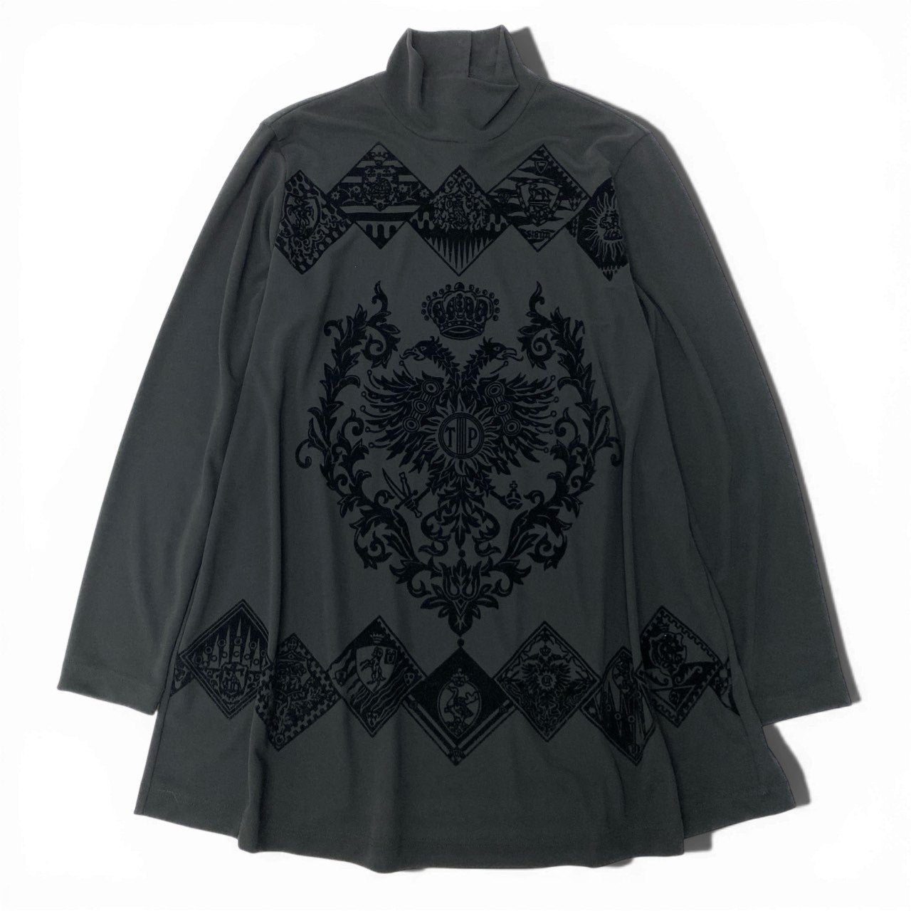 52b27 【美品】 TOKUKO 1er VOL トクコプルミエヴォル チュニックワンピース ロングスリーブ モックネック フロッキー柄 レディース 女性服 サイズ9 ブラックu02t