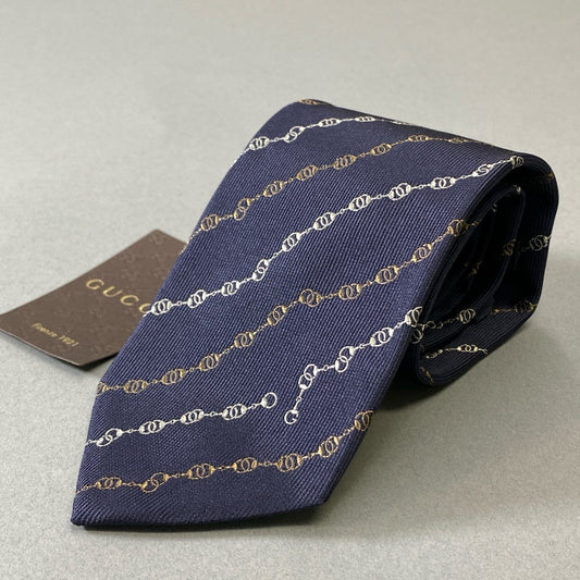 j16《美品》GUCCI グッチ ネクタイ  シルク100％ ストライプ フォーマル ネイビー ブラウン アイボリー メンズu02t