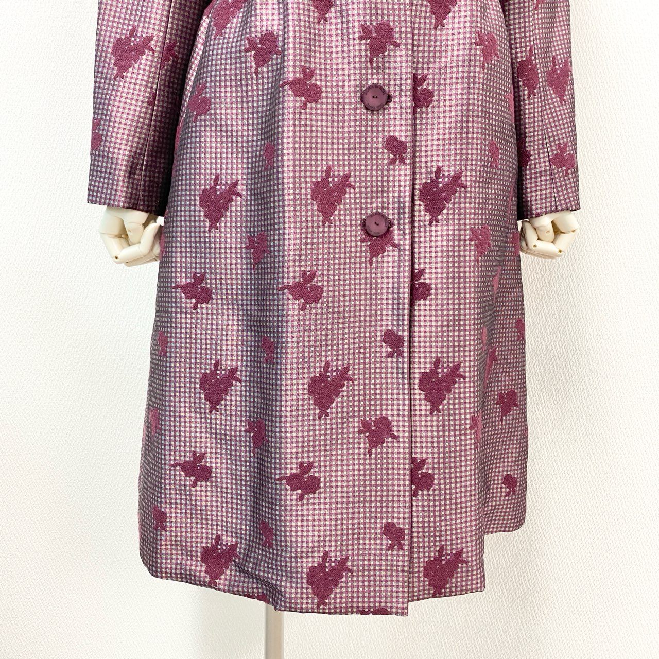 27j22 《美品》HANAEMORI ALMA EN ROSE ハナエモリ アルマアンローズ チェスターコート ギンガムチェック 花柄 キルティング 38サイズ パープル レディースu02t