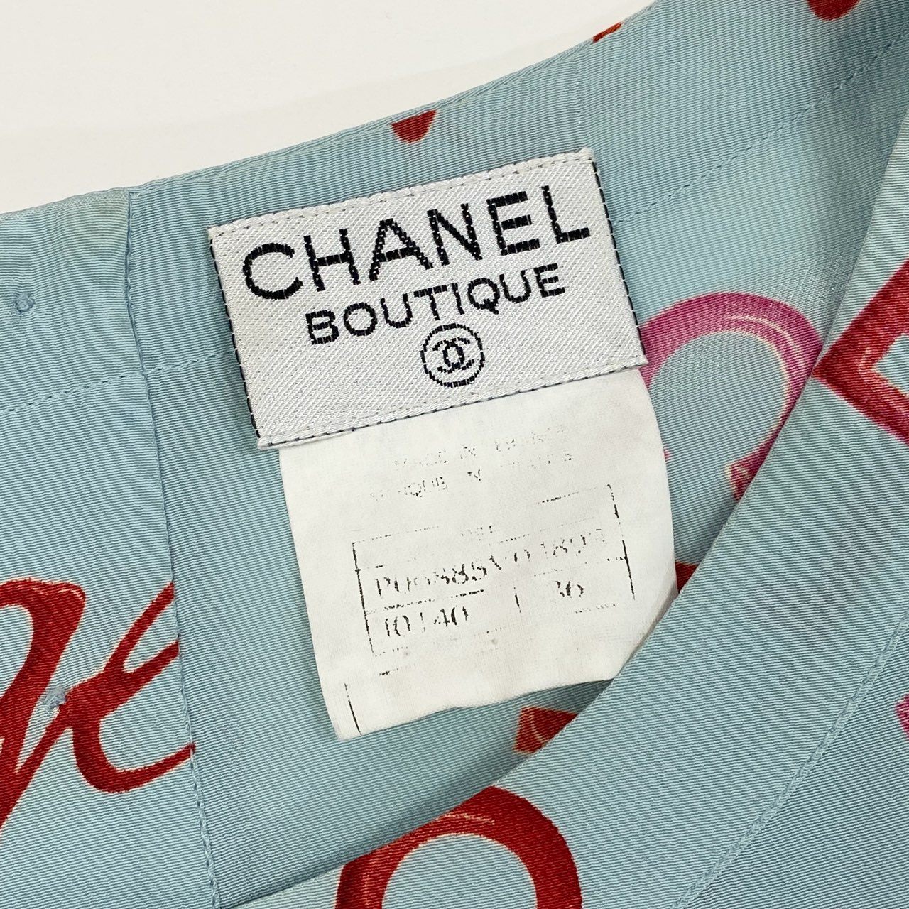 Ca15 【archive】CHANEL ヴィンテージ シャネル 1996年 96P ロゴプリント シルクブラウス 半袖ブラウス サイズ36 ブルー系 レディース トップスta1