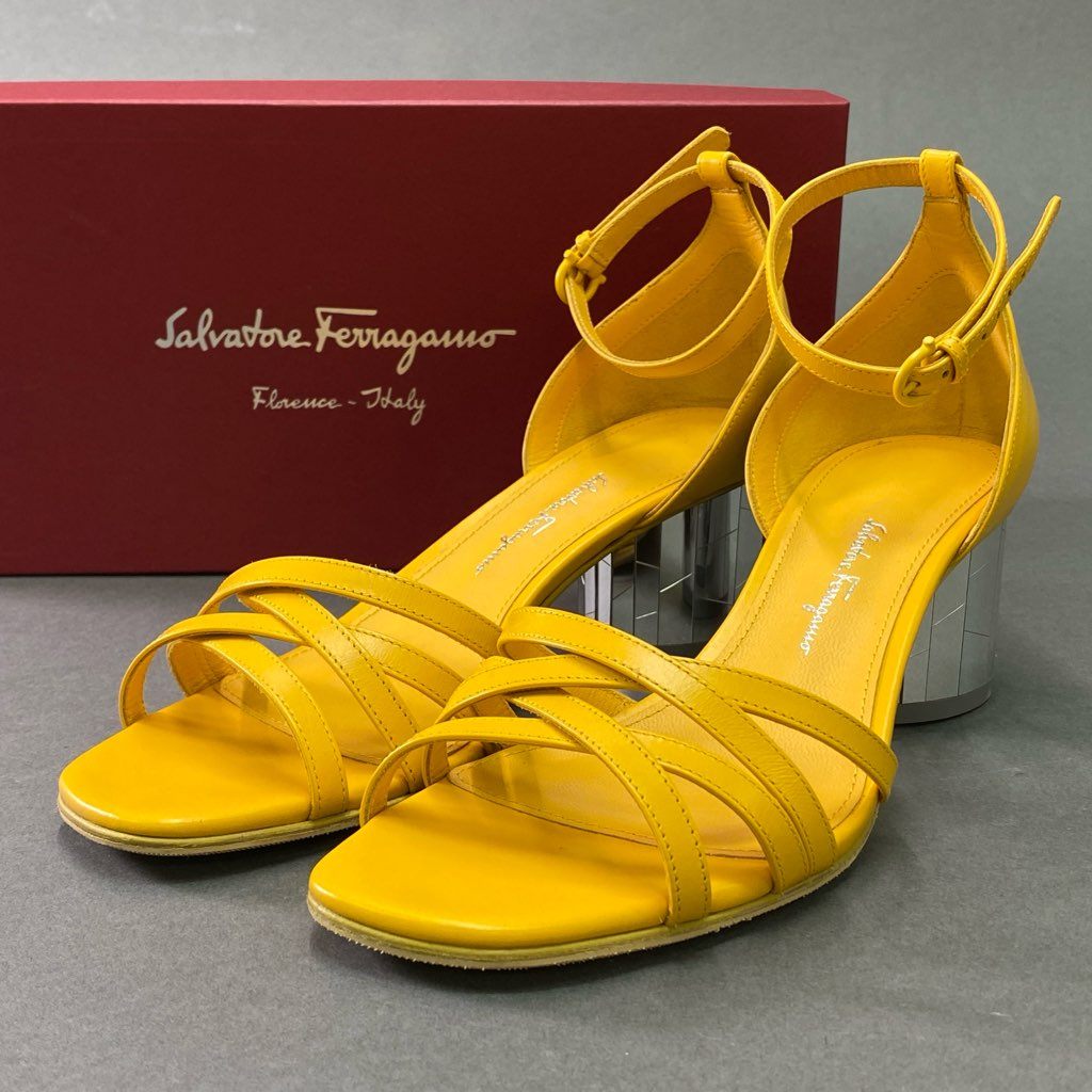 1e10 《美品》 Salvatore Ferragamo サルヴァトーレ フェラガモ ミラーヒール アンクルストラップ サンダル 6 1/2 イエロー レザー シューズ 箱付き 夏