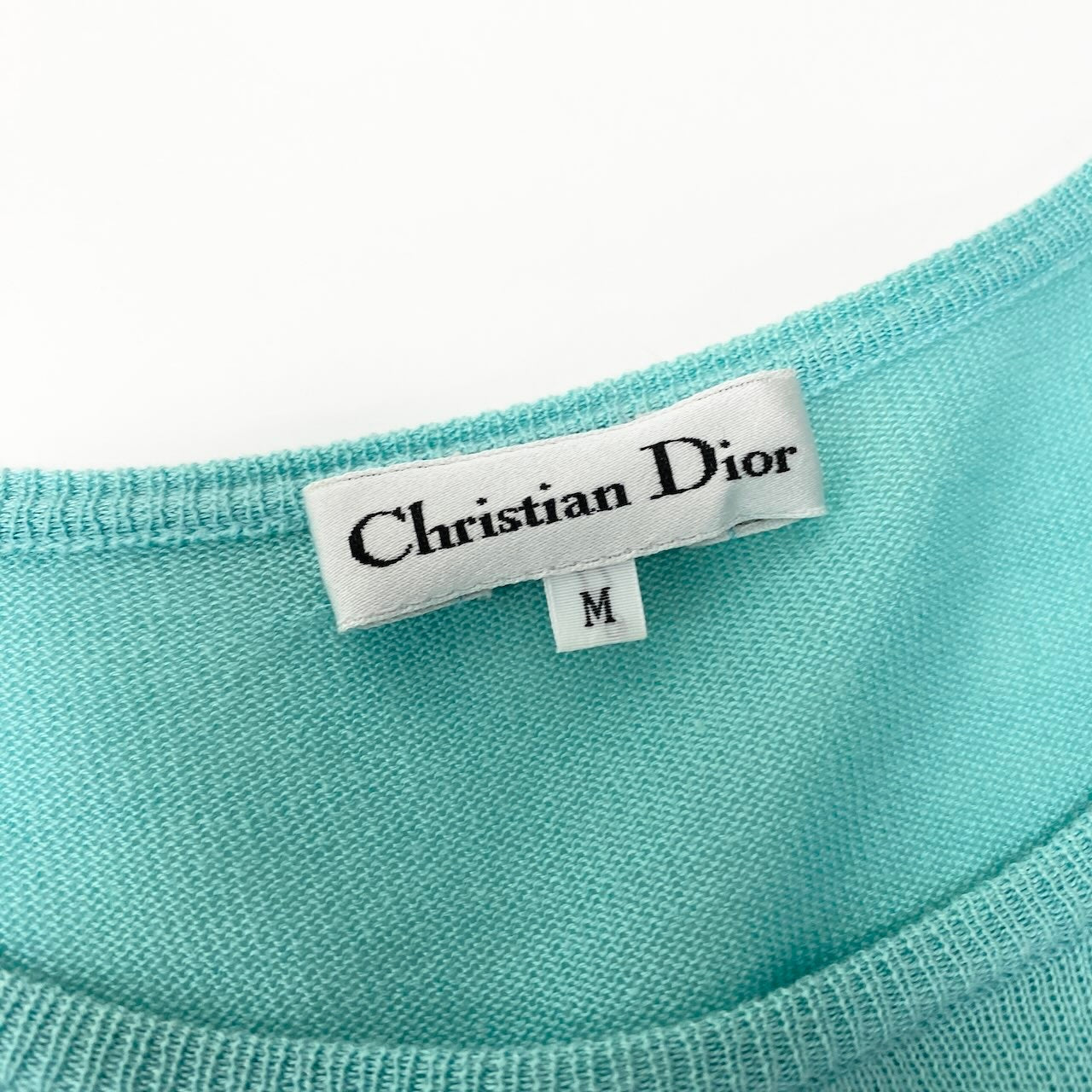 66d27 Christian Dior クリスチャンディオール 半袖ニットプルオーバー サマーニット コットンニット ワンポイント刺繡 サイズM ブルーグリーン 綿100％ レディース 女性用u02t