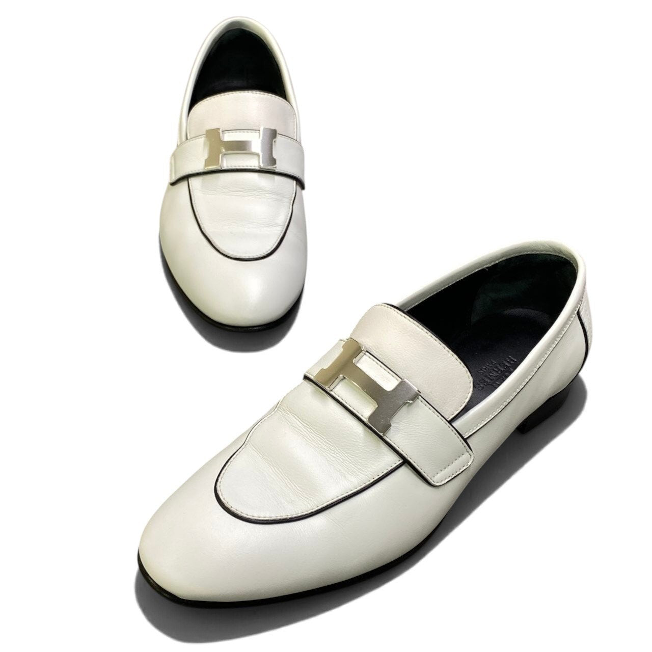h29《美品》 HERMES エルメス モカシン パリ H金具 ローファー H Buckle Moccasin Paris Loafers size 36.5 ホワイト レザー 箱付t18r