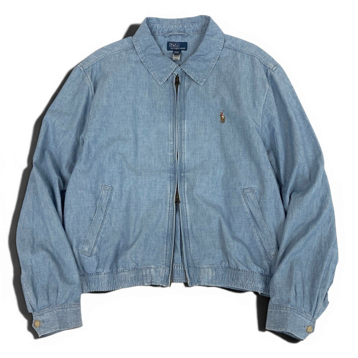 84c29【美品】 Polo by Ralph Lauren ポロバイラルフローレン デニムシャンブレー ブルゾン 近年 ダブルジップ ロゴ刺繡 L/G ライトブルー コットン100％ メンズ 紳士服u02t
