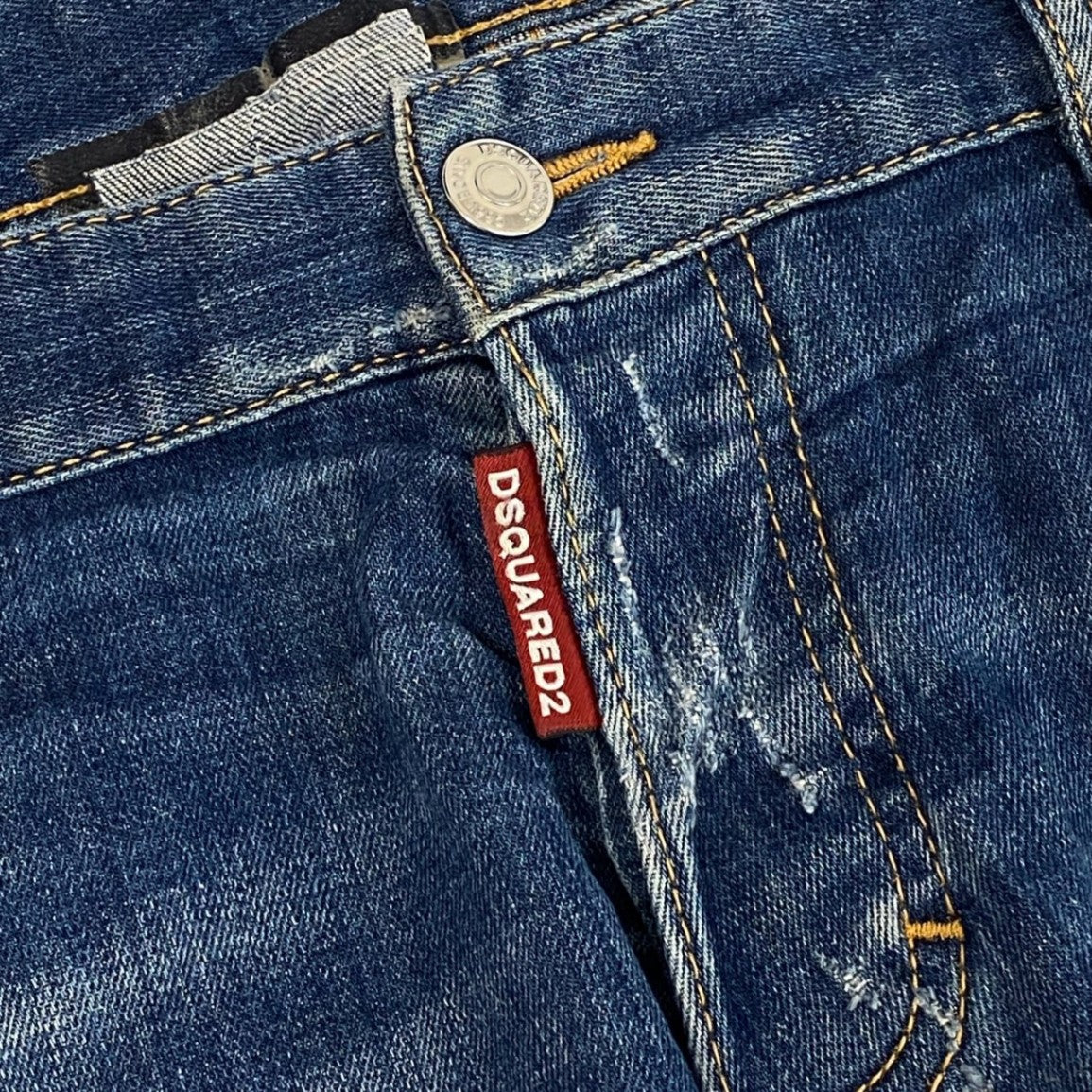 39L15 DSQUARED2 ディースクエアード Slim Jean スリムデニム クラッシュデニム ダメージ リペア加工 S71LD0240 S30342 50サイズ インディゴ メンズo07t