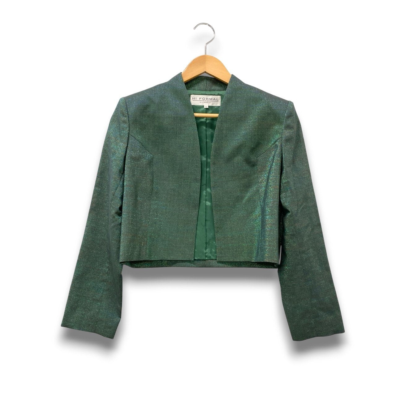 87c6 《美品》 GIVENCHY ジバンシー 光沢ラメ生地 クロップドジャケット ノーカラージャケット 10 グリーン レディースu02t