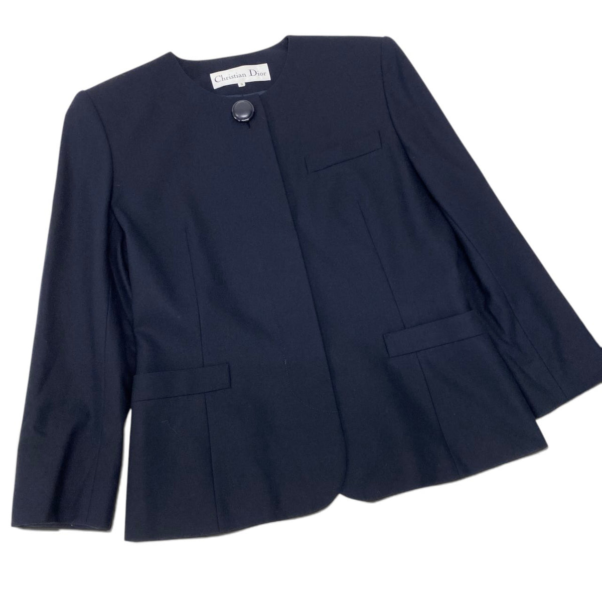 84i15 Christian Dior クリスチャンディオール セットアップ スカートスーツ ノーカラージャケット フォーマル サイズ9 ネイビー ウール100％ レディースo07t